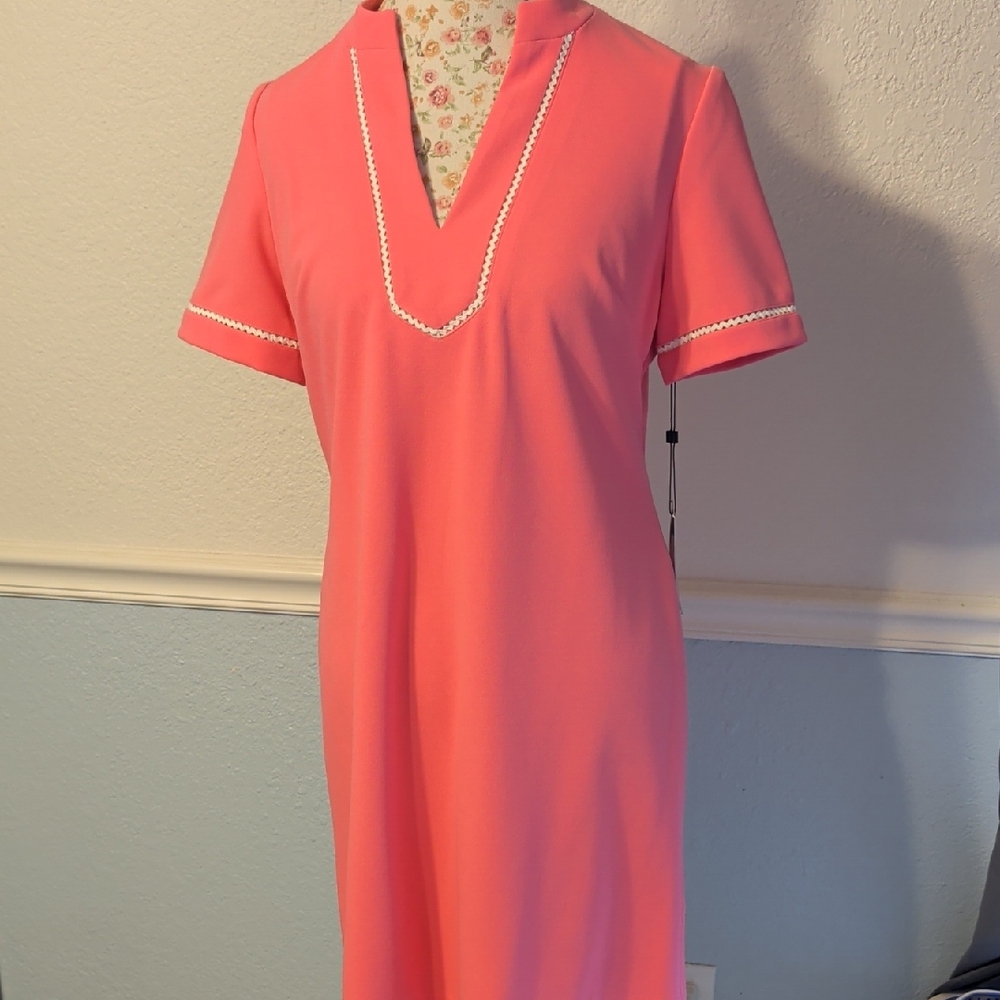 Coral Pink V-Neck Shift Dress with White Trim- Bright Pink BNWT Easter!